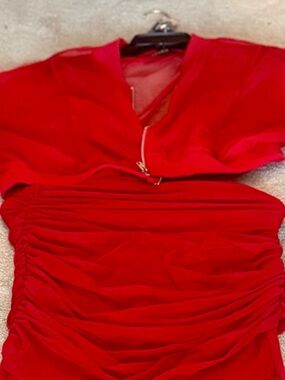 Red Ruched Long-Sleeve Evening zip up top